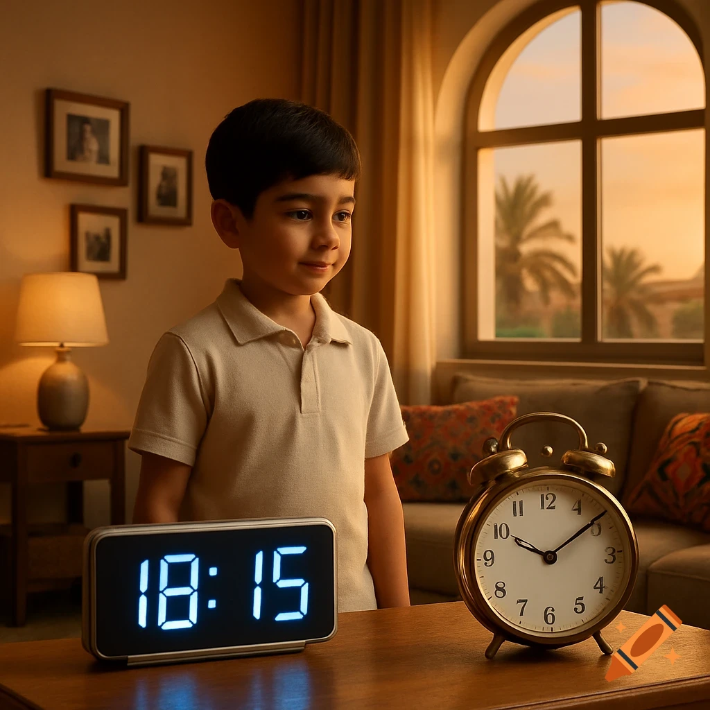 A young boy stands in a living room with a digital clock showing 18:15 and an analog alarm clock showing 6:15 on a table.