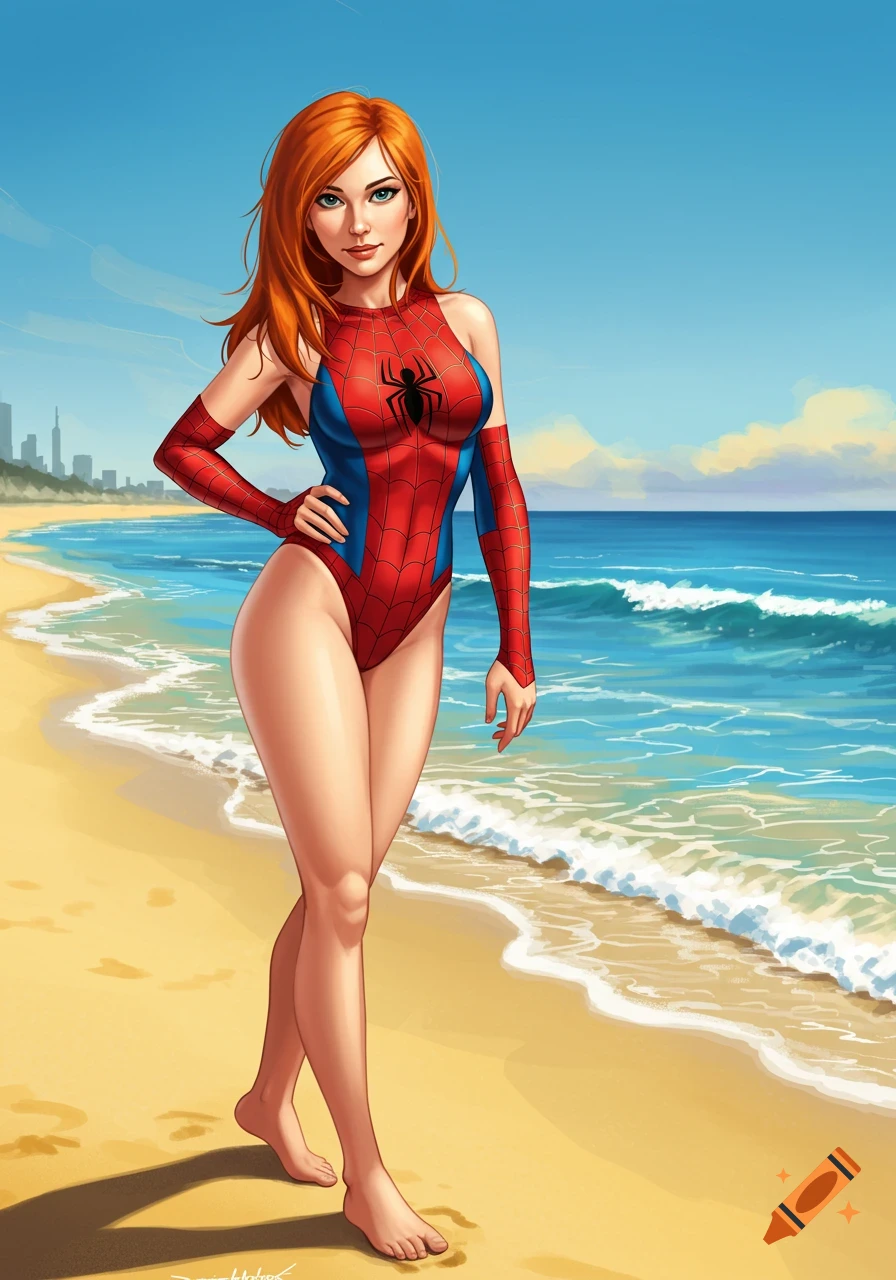 Comic art of a red-haired woman in a Spider-Man swimsuit on a beach, with ocean waves and a city skyline.