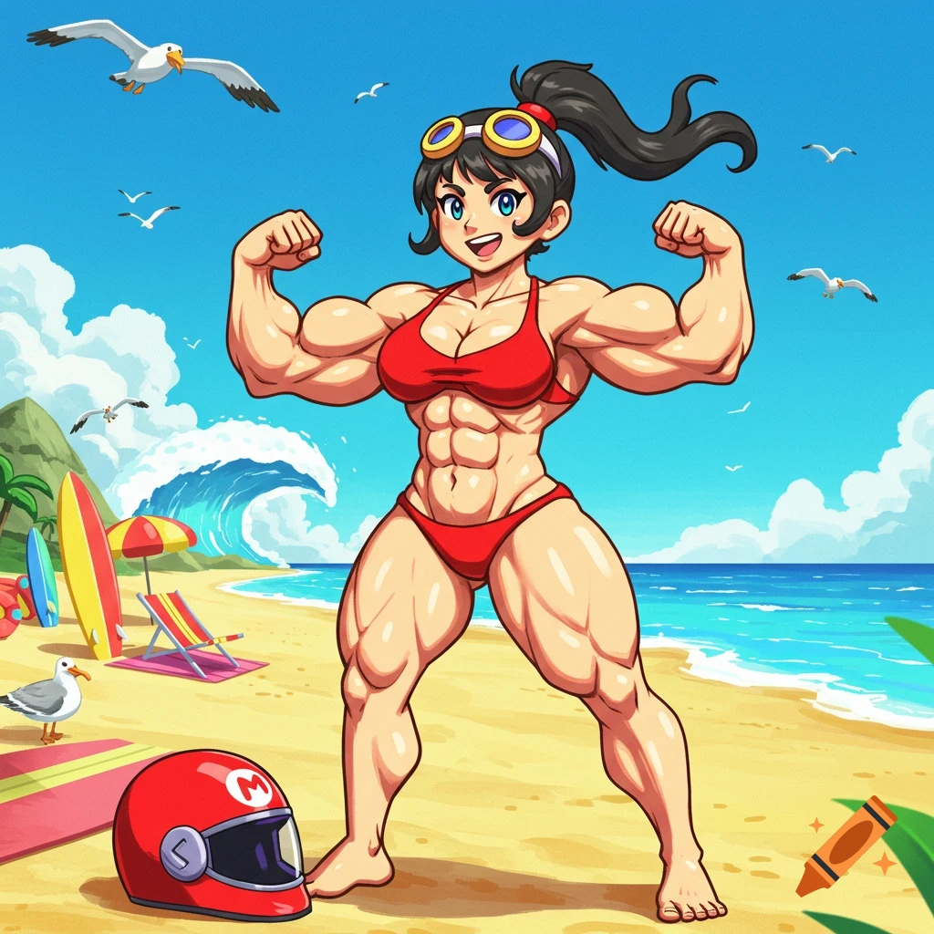 Muscular anime woman in a red bikini flexing on a sandy beach, with a red Mario helmet and surfboards.