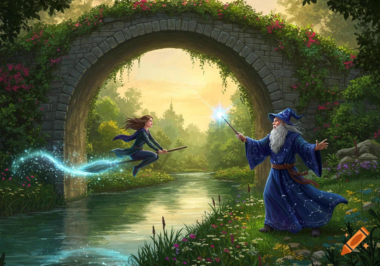 A woman on a glowing broom flies over a river under a stone bridge, while a wizard with a long white beard casts a spell with a glowing wand on the grassy bank.