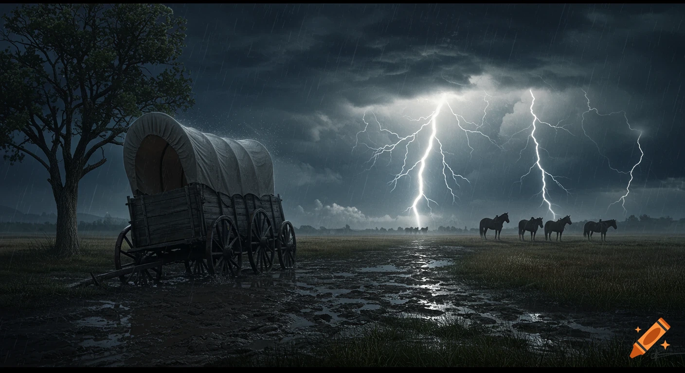 A covered wagon sits in a muddy field during a violent night storm, with lightning illuminating the dark clouds over horses and a large tree.