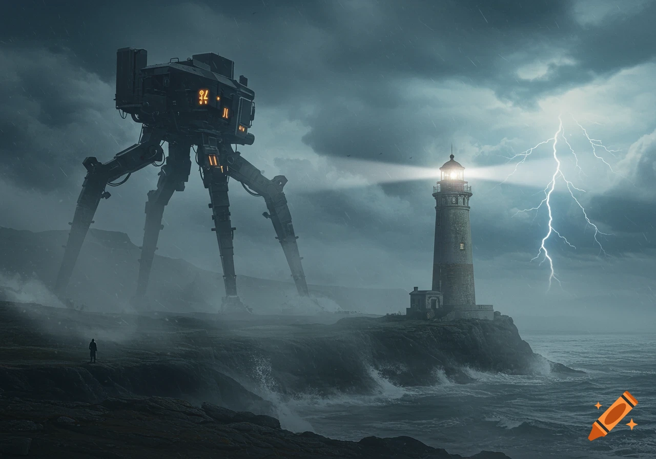 A massive, multi-legged mechanical walker stands near a lighthouse on a rocky coast during a stormy night with lightning. A lone figure observes.