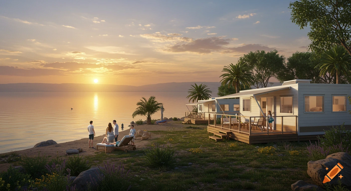 Hyperrealistic image of modern cabins on a serene lake shore at sunrise, with a family relaxing on the beach.