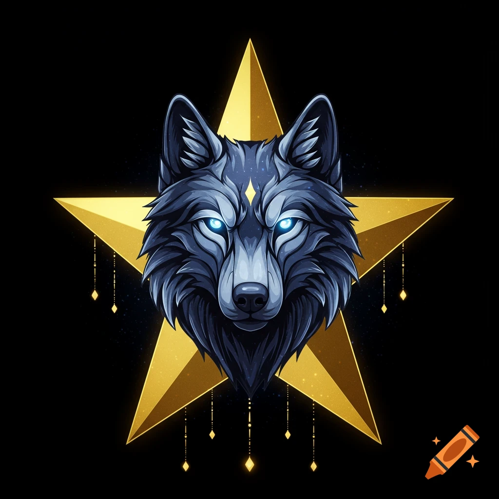 A stylized dark blue wolf head with glowing blue eyes centered on a golden five-pointed star against a black background.