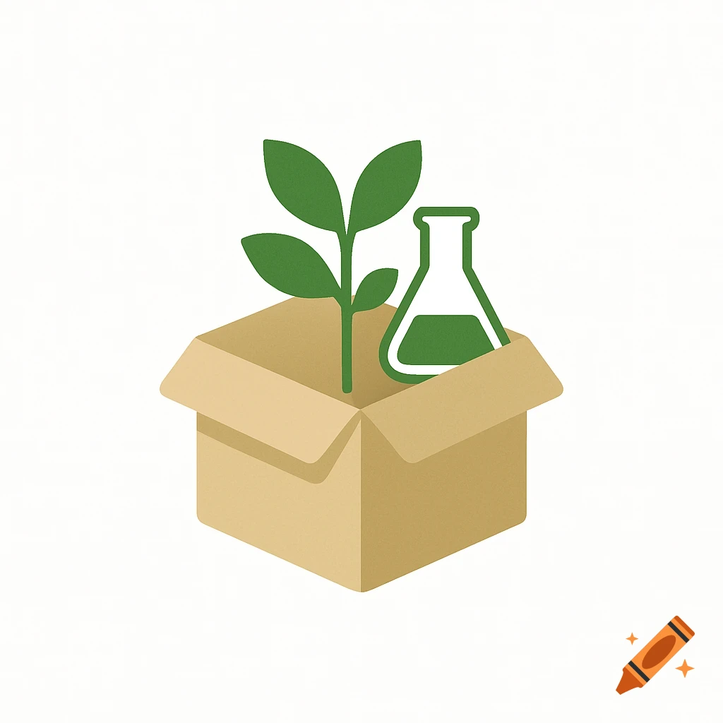 Minimalist logo with a green plant and a chemistry flask inside a cardboard box on a white background.