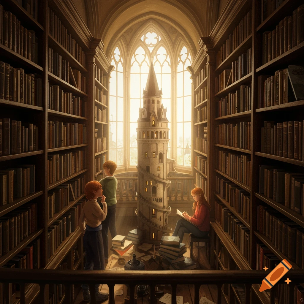 Ornate library with towering bookshelves, a central spiraling stone tower, and three young people reading and observing, detailed illustration.