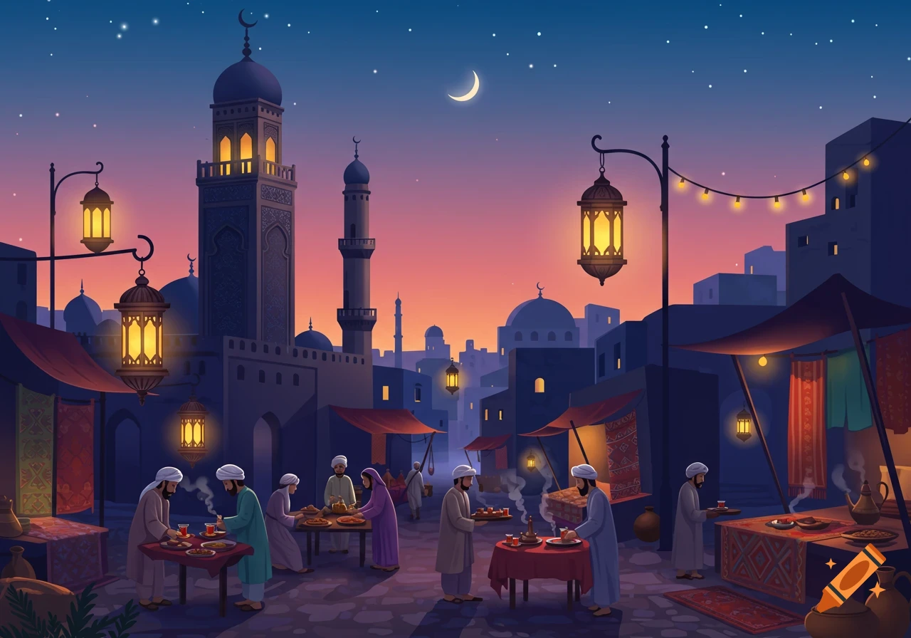 Illustrative night scene of a bustling market in an Islamic city, with people dining outdoors under lanterns and a crescent moon.
