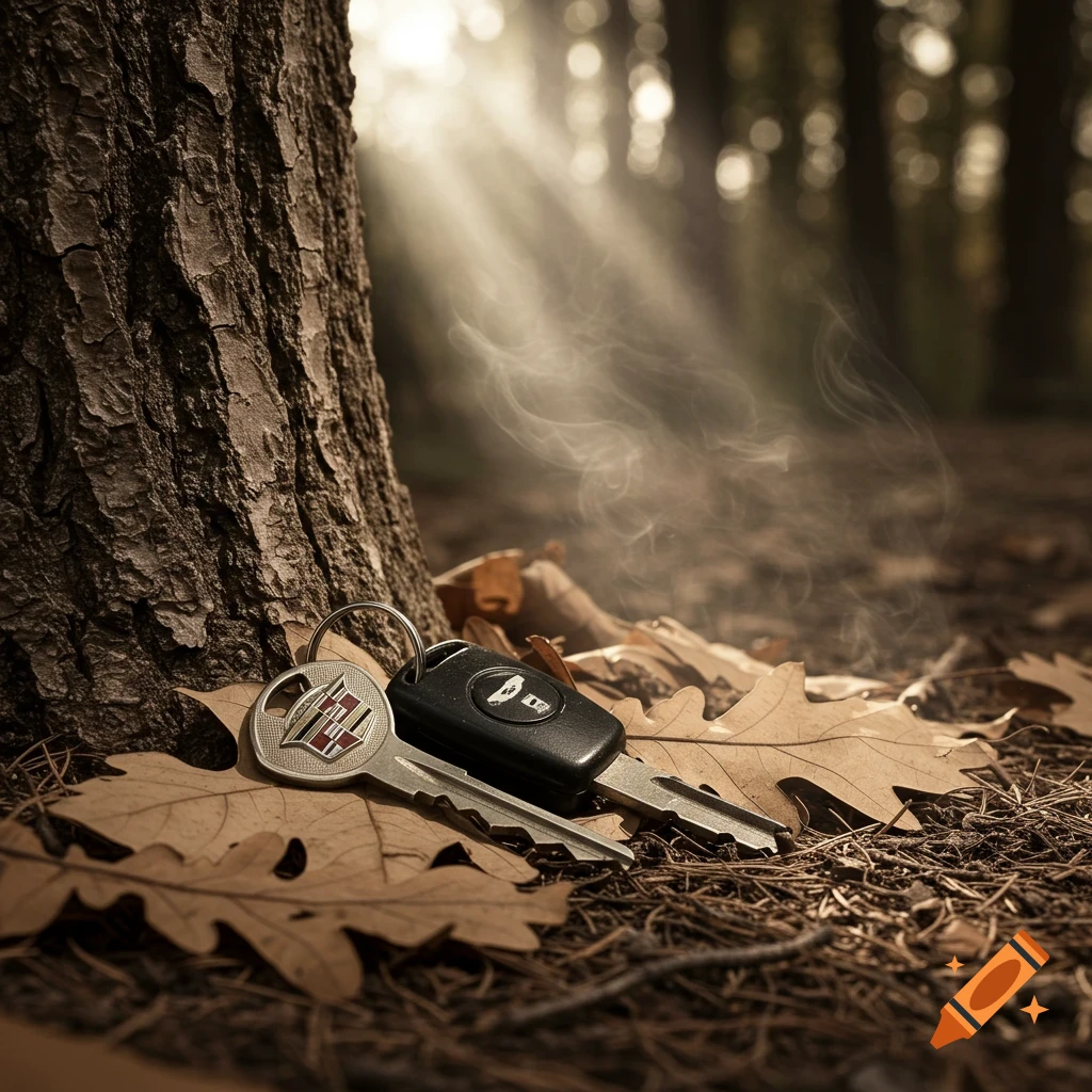 A photorealistic image of car keys, including a Cadillac key, on fallen leaves next to a tree trunk in a sunlit forest.