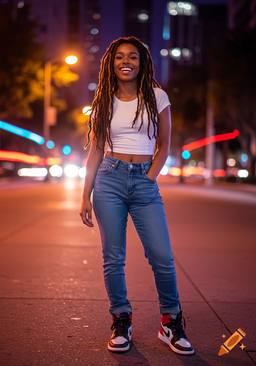 Smiling young Black woman with locs, white crop top, jeans, and sneakers on a city street at night.