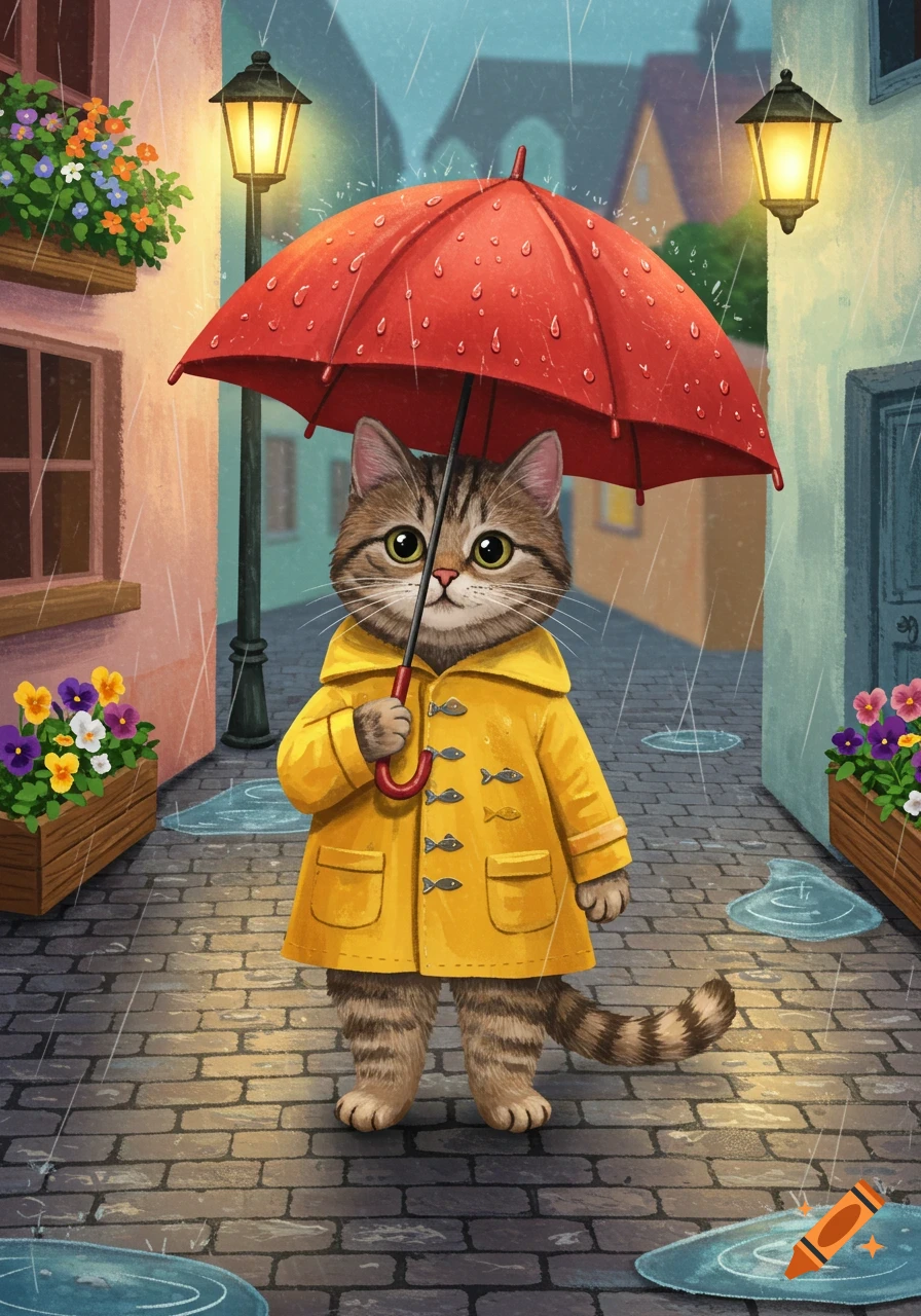 A cute tabby cat in a yellow raincoat holds a red umbrella on a rainy cobblestone street, cartoon illustration.