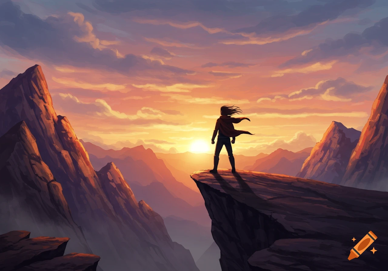 Stylized illustration of a lone figure standing on a mountain cliff overlooking a dramatic sunset landscape.