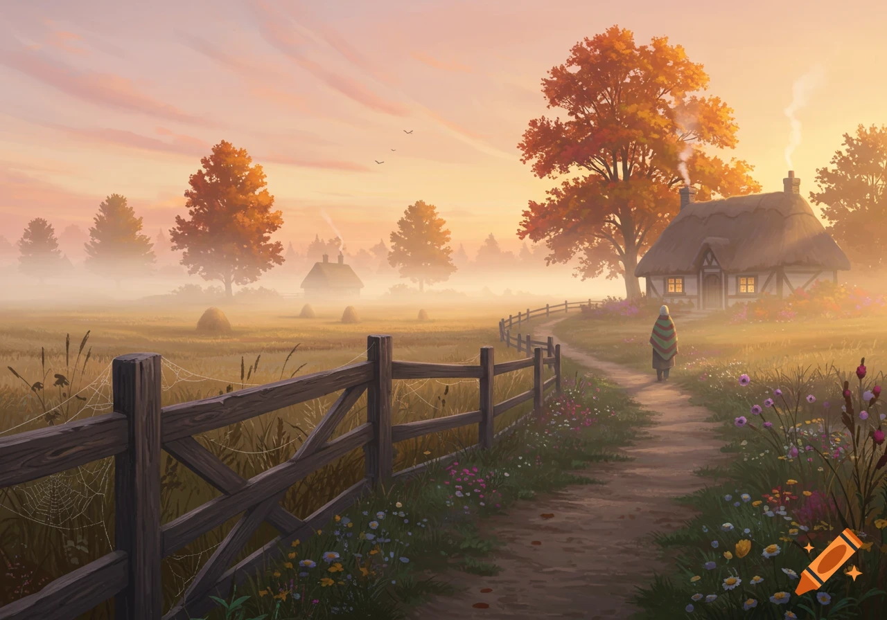 A serene painting of a misty autumn morning in a rural landscape, with a path leading to a thatched cottage and a lone figure.