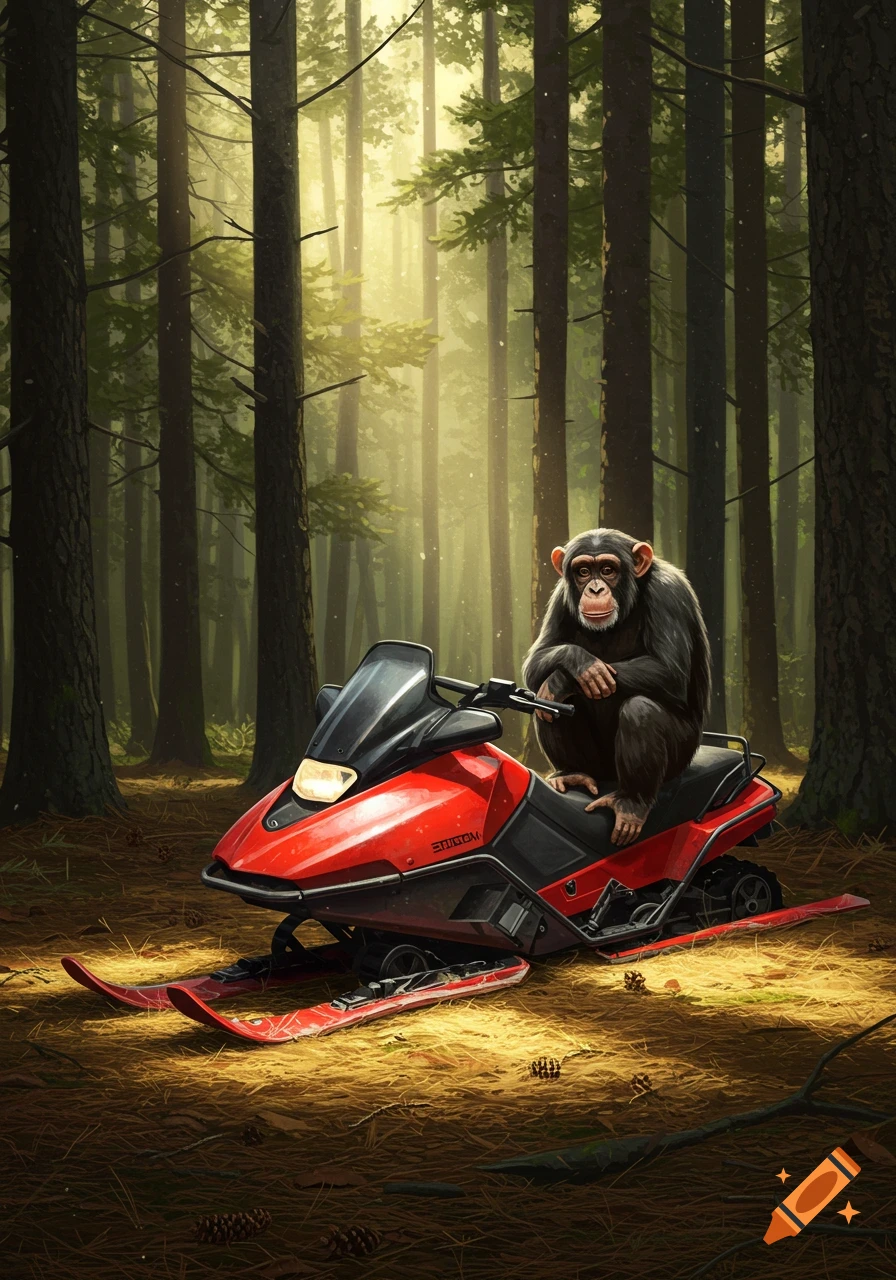 A realistic illustration of a chimp sitting on a red snowmobile in a sun-dappled pine forest with no snow.