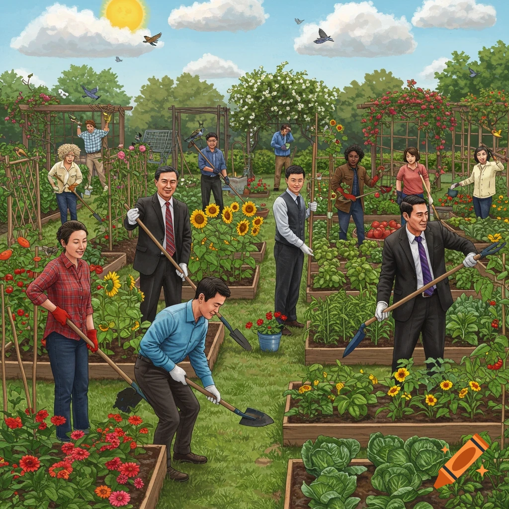 A diverse group of people, some in suits and some in casual clothes, volunteering in a sunny community garden, tending to plants and flowers.