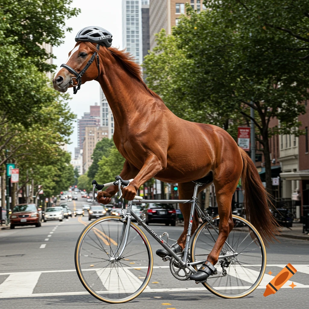 A photorealistic, surreal brown horse wearing a helmet rides a racing bicycle down a city street, with cars and buildings in the background.