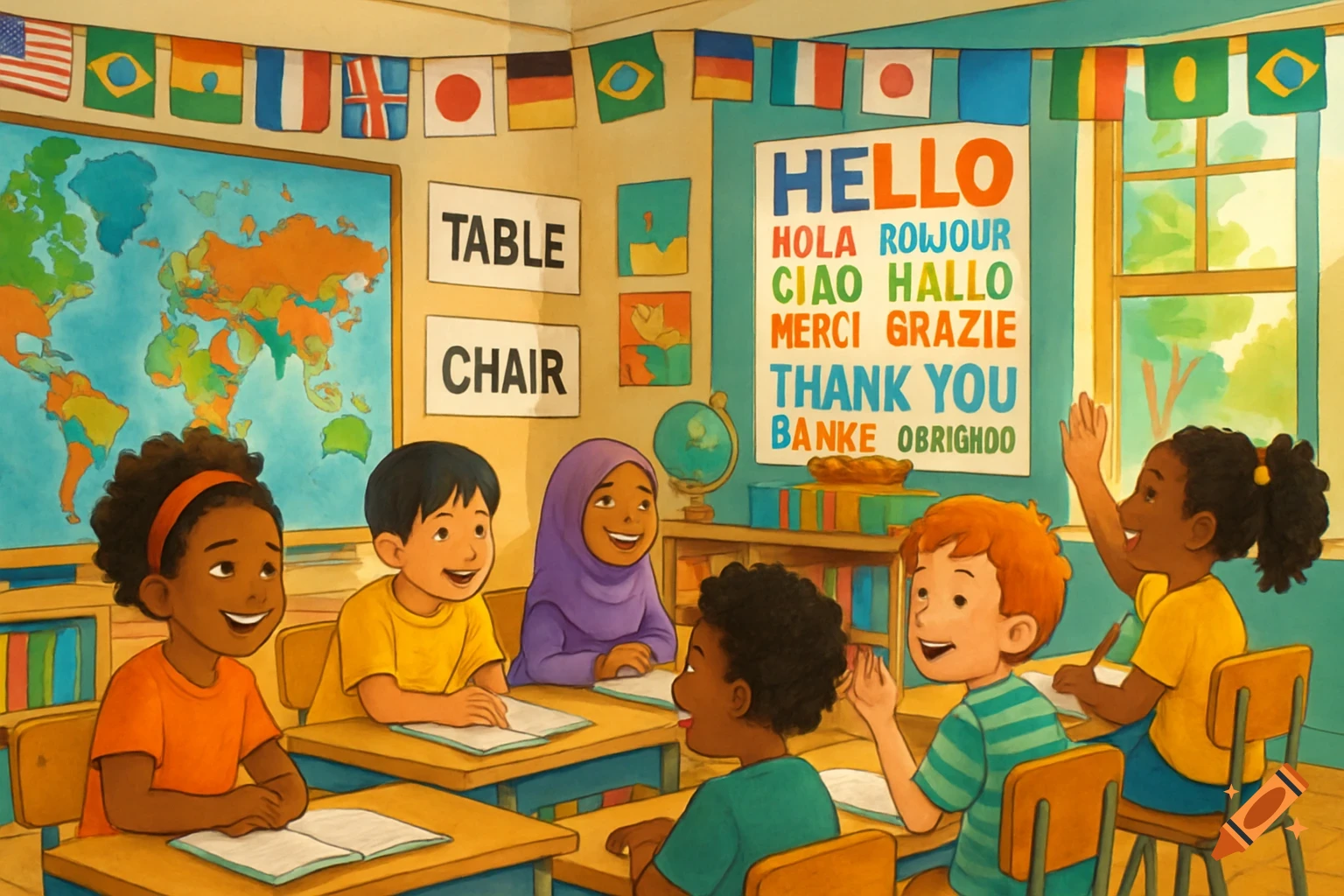 An engaging classroom scene with diverse young students, a world map, international flags, and language learning posters.
