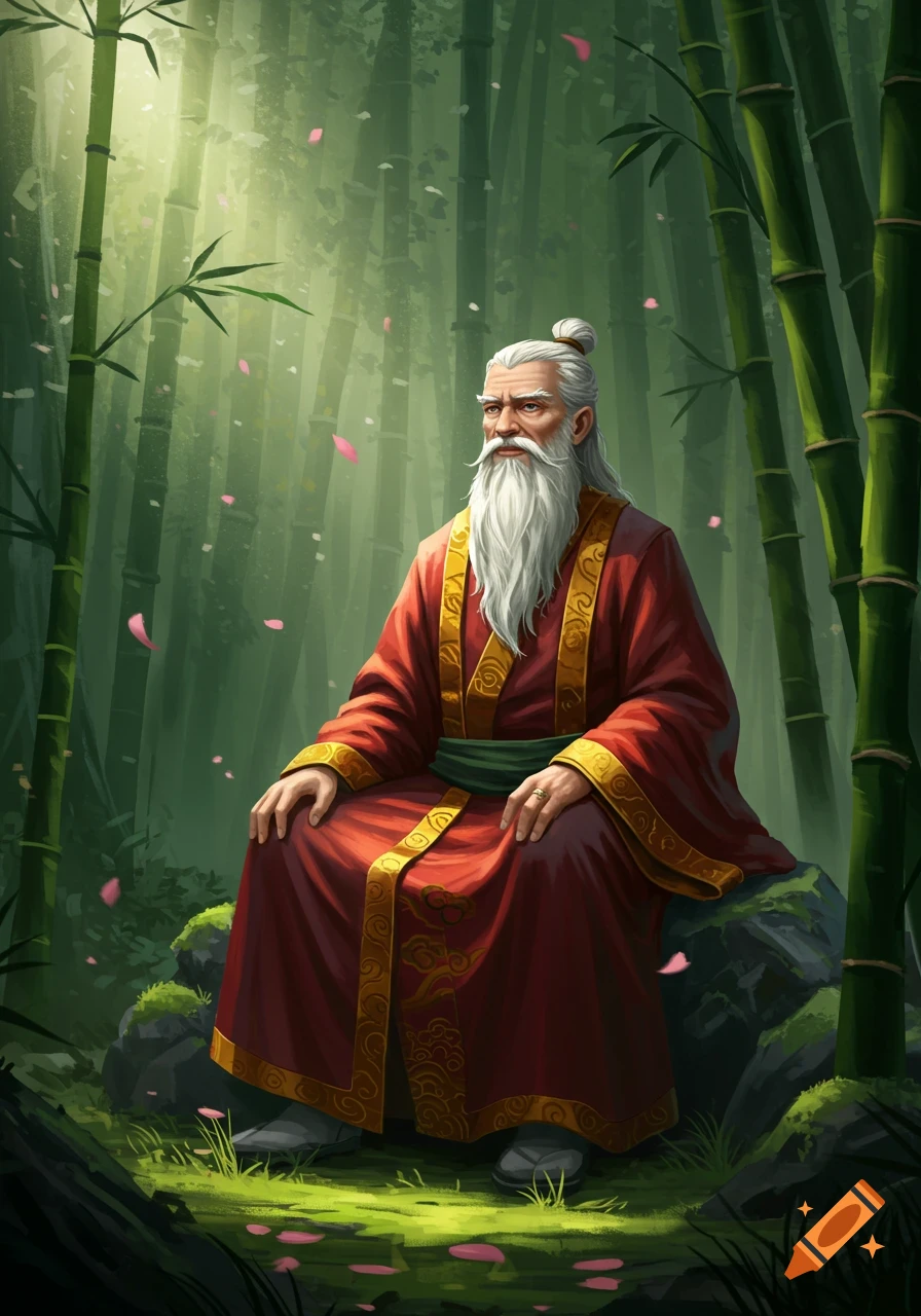 An old, white-bearded man in a red and gold robe sits on a rock in a lush bamboo forest, with pink petals falling.