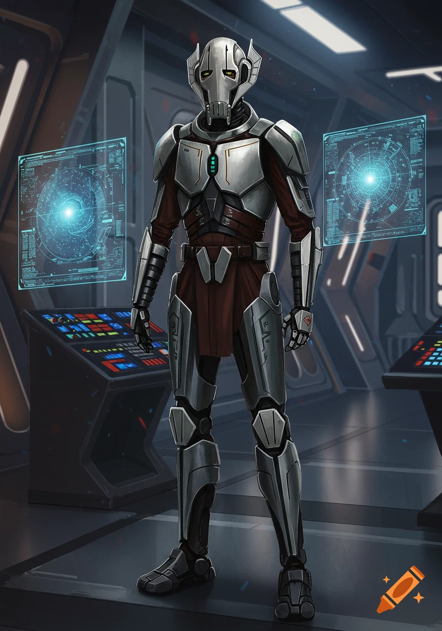 An armored, robot-like character with a helmet stands in a futuristic control room with glowing blue screens, digital art.