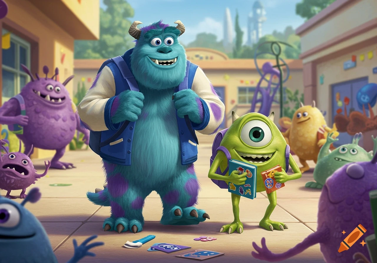 Sulley and Mike from Monsters, Inc. walk through a schoolyard with backpacks and books, surrounded by smaller colorful monsters.