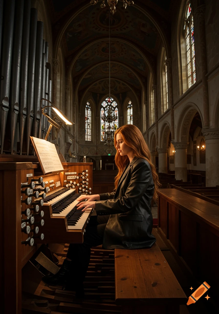 A woman with long red hair in a leather blazer plays a grand pipe organ in a dimly lit church.