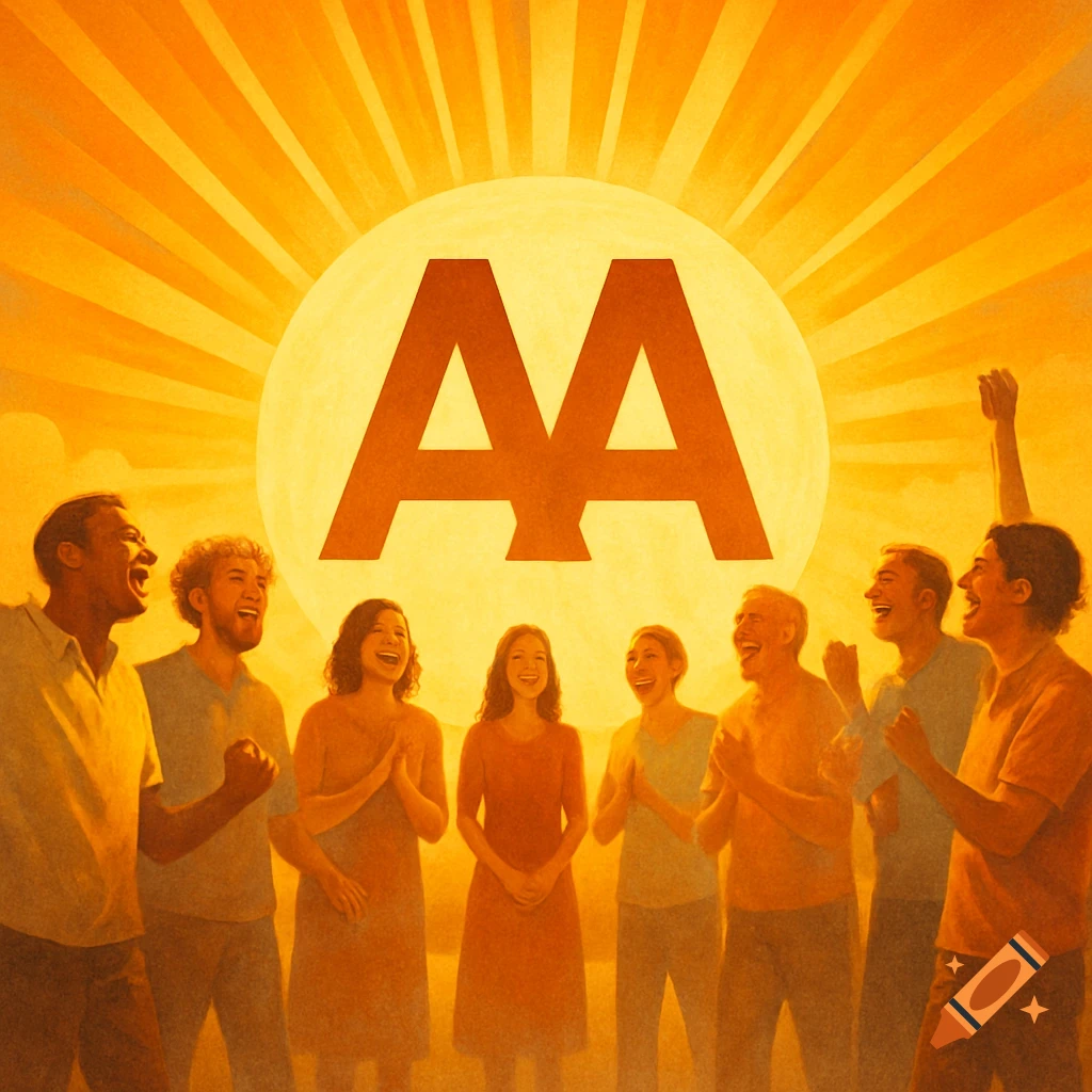 Illustration of diverse, cheering people under a large AA logo with bright sun rays.