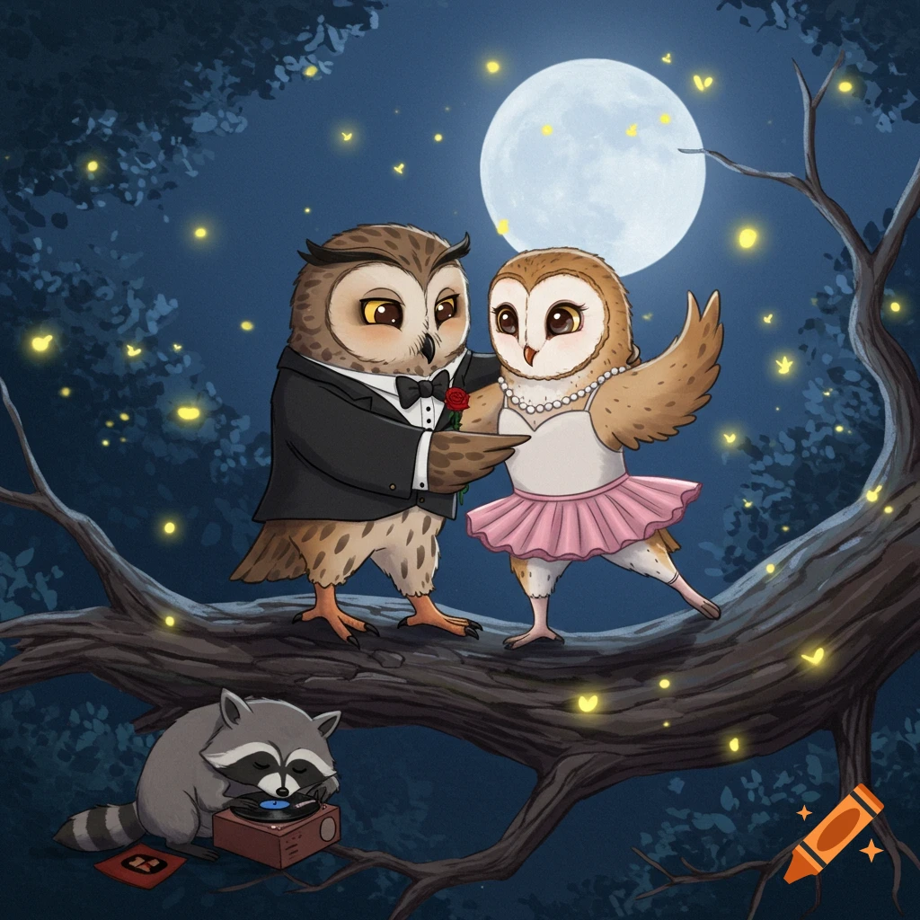 Two cartoon owls dance on a tree branch under a full moon, while a raccoon plays a record player below.