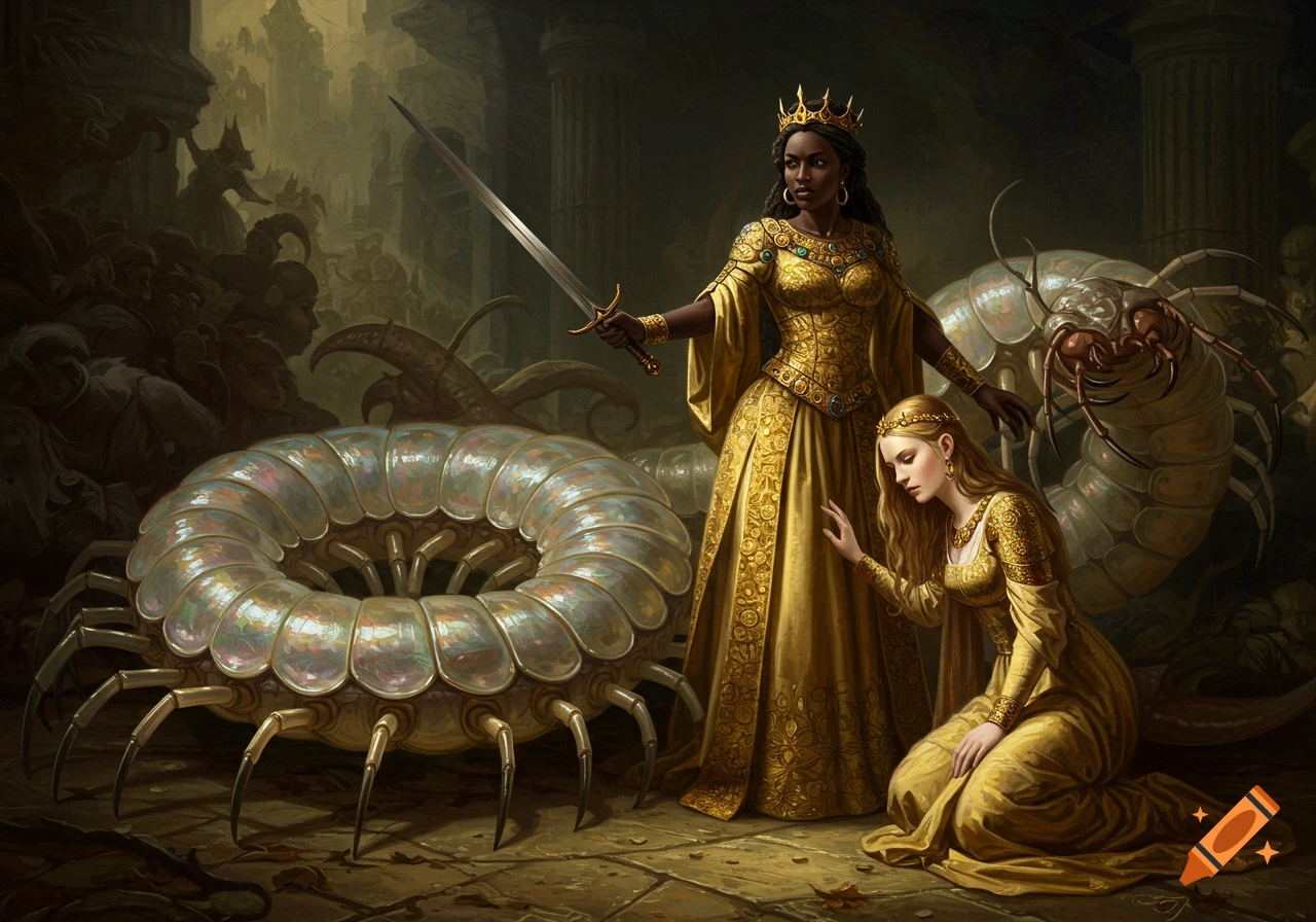 An African queen with a sword and a kneeling white princess with giant centipede monsters in a dark fantasy oil painting.