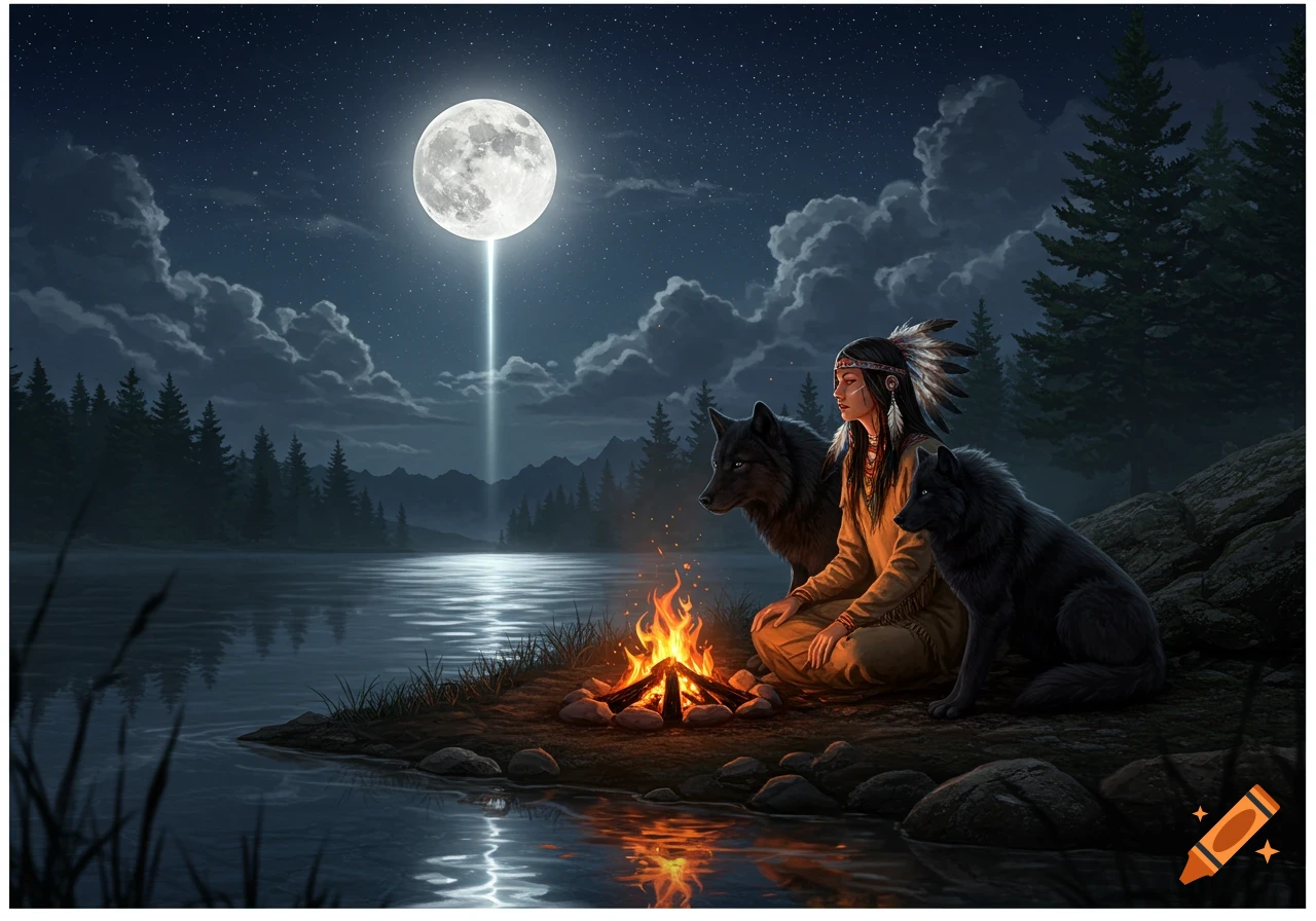 A Native American woman with feathered hair sits with two wolves by a campfire on a lake shore under a full moon.