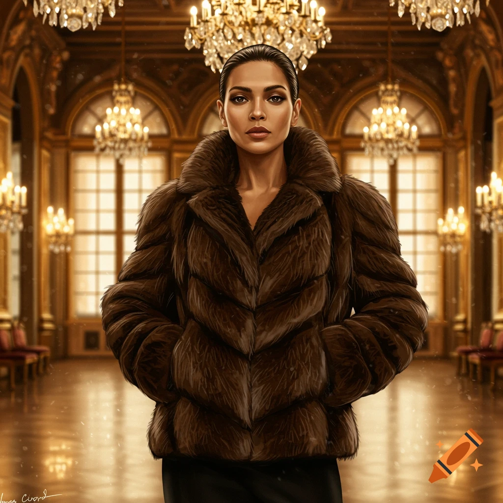 Photorealistic portrait of a woman in a brown fur coat standing in a grand hall with chandeliers.