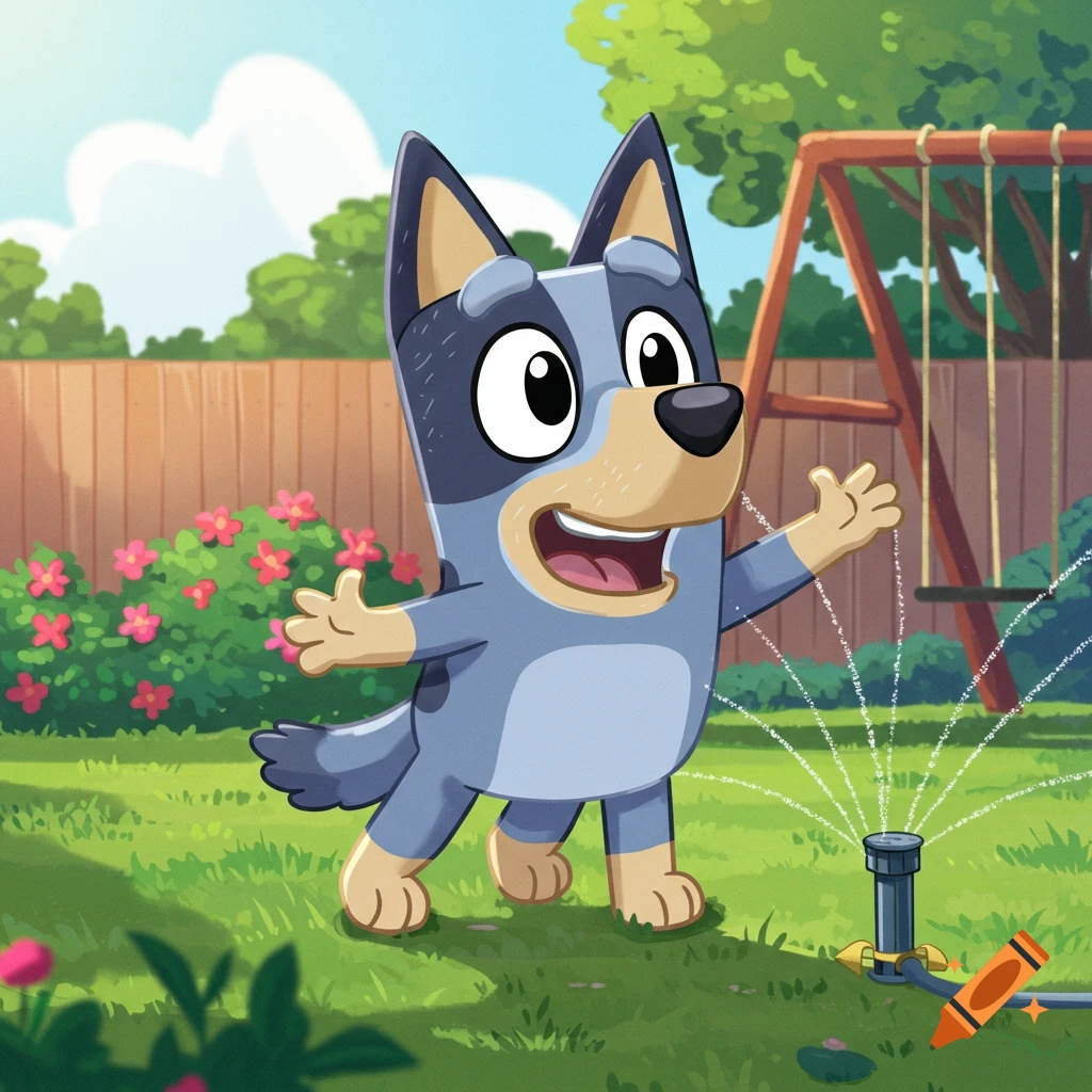 Bluey, a cartoon dog, happily playing with a sprinkler in a sunny backyard.