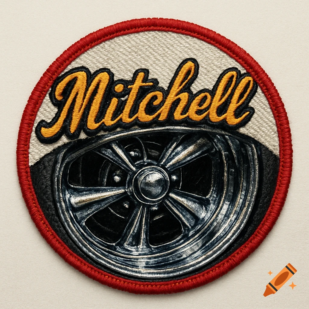 A circular embroidered patch featuring the name 'Mitchell' in yellow script over a chrome mag wheel, with a red stitched border.