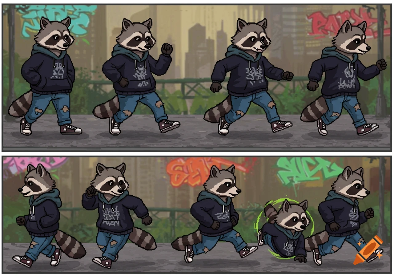 Pixel art sprite sheet of a raccoon in a hoodie and jeans, in various poses against a gritty urban background.
