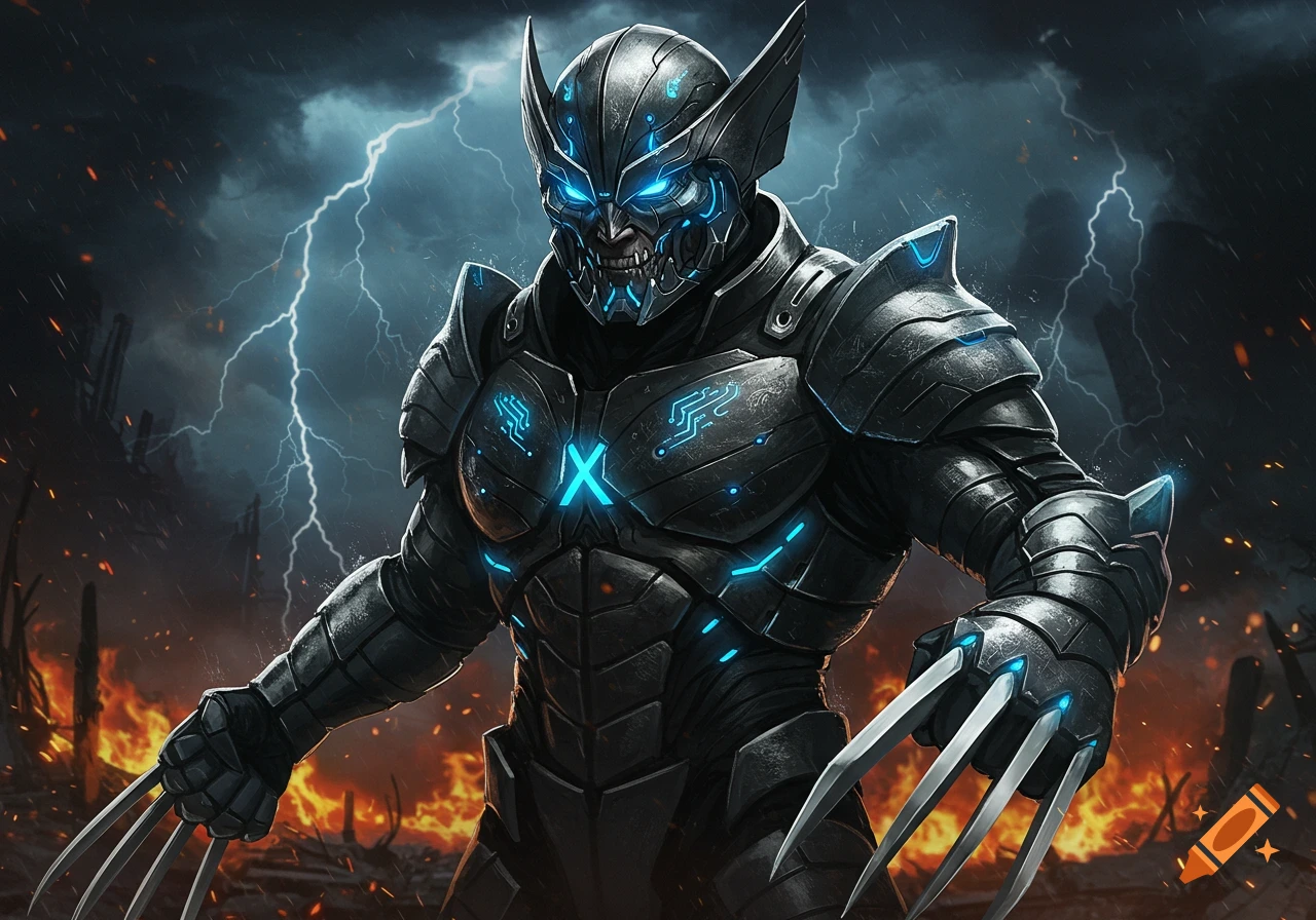 Menacing armored villain with glowing blue eyes, sharp claws, and an 'X' symbol on its chest, standing amidst lightning and fire in a detailed illustration.