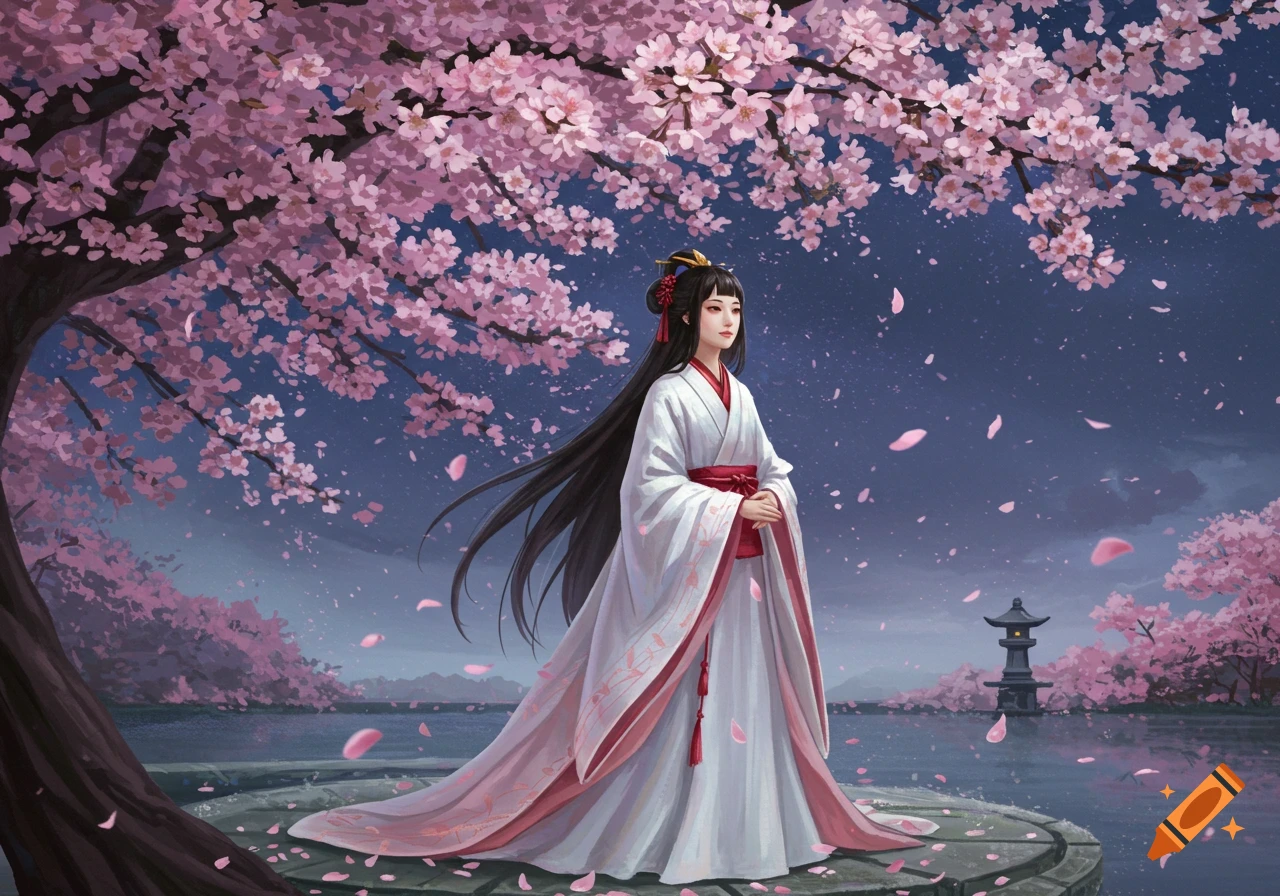 A woman in a white and red traditional dress stands under a blooming pink cherry blossom tree at night with petals falling, a pagoda in the distance.