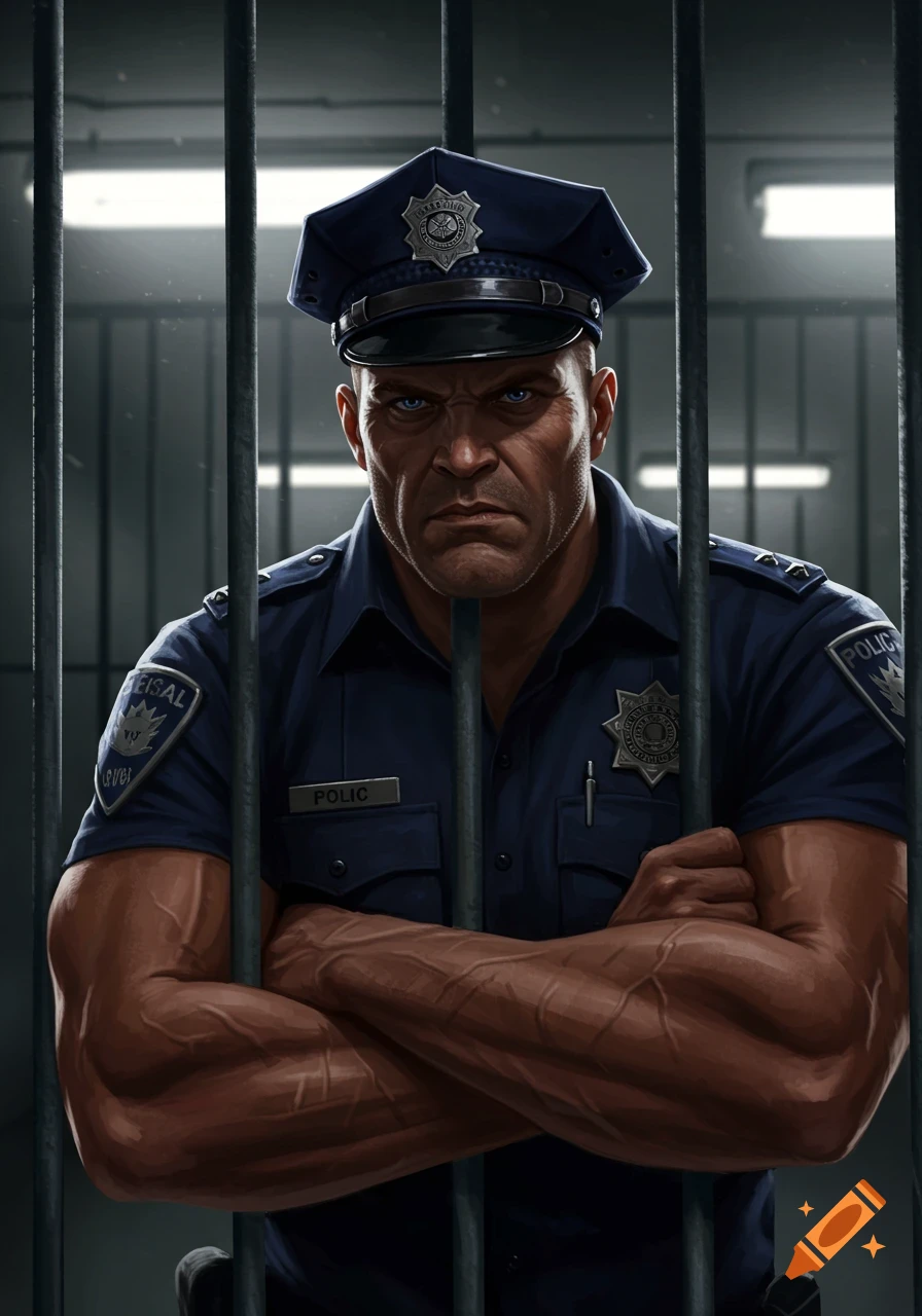 A muscly police officer with blue eyes stares intently through jail bars, arms crossed, in an illustrated style.