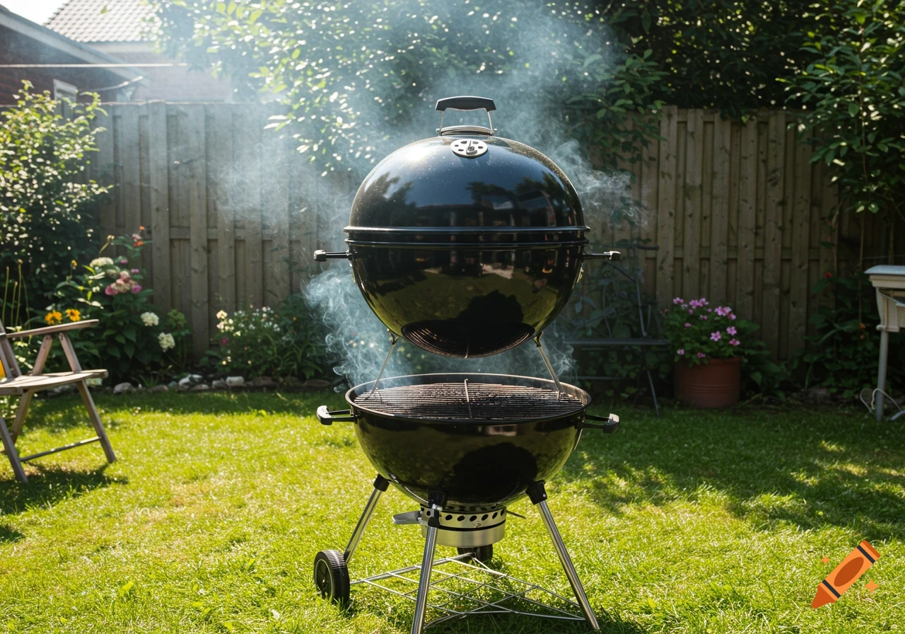 A black double-decker charcoal grill with smoke rising in a sunny backyard with green grass.