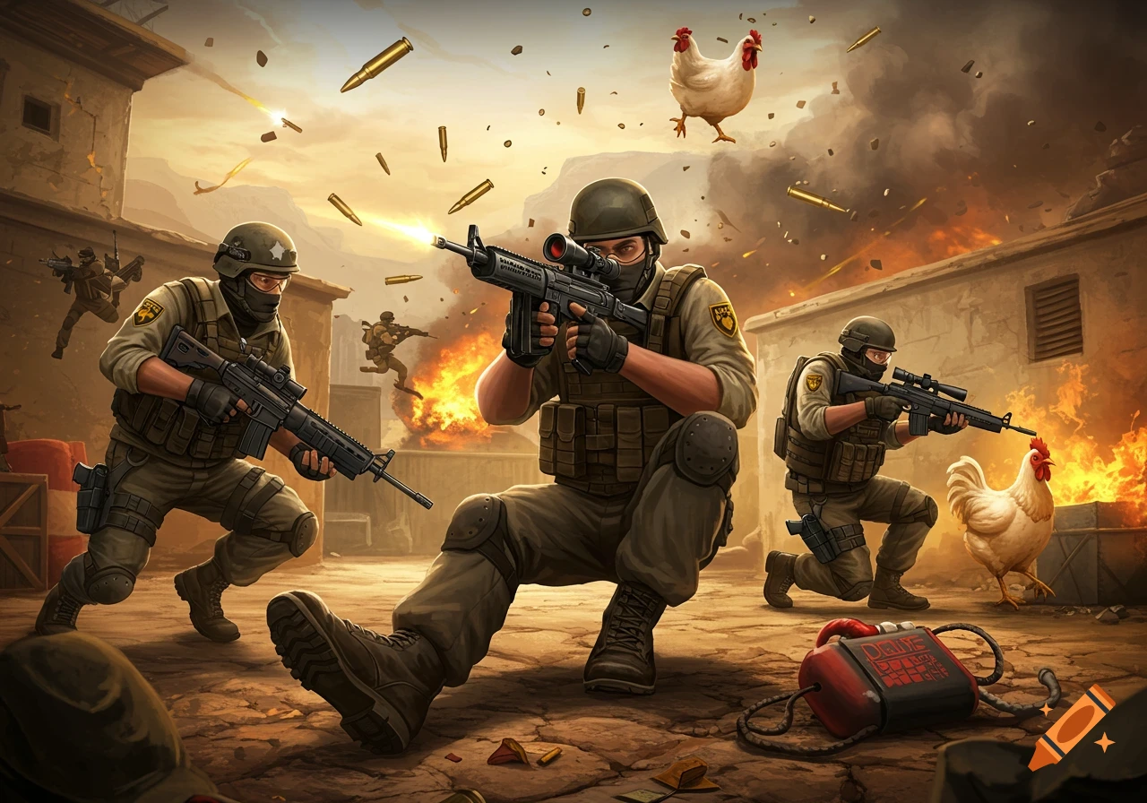 Stylized video game scene of soldiers in combat with rifles, explosions, and flying chickens in a desert town. Dramatic lighting.