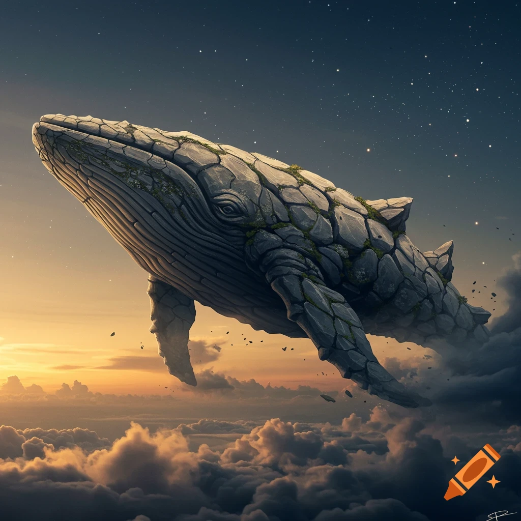 A magnificent rock whale with jagged edges and moss flies majestically above clouds at sunset, under a starry sky.