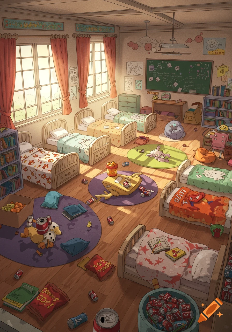 An anime-style illustration of a messy classroom or dorm room filled with beds, books, a chalkboard, toys, and scattered soda cans and chip bags.