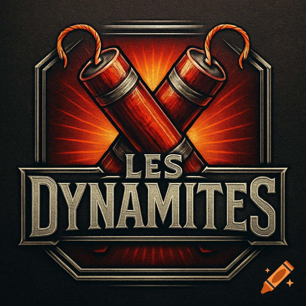 Stylized logo with two crossed dynamite sticks and fuses, text 'LES DYNAMITES' on a metallic emblem with fiery background.