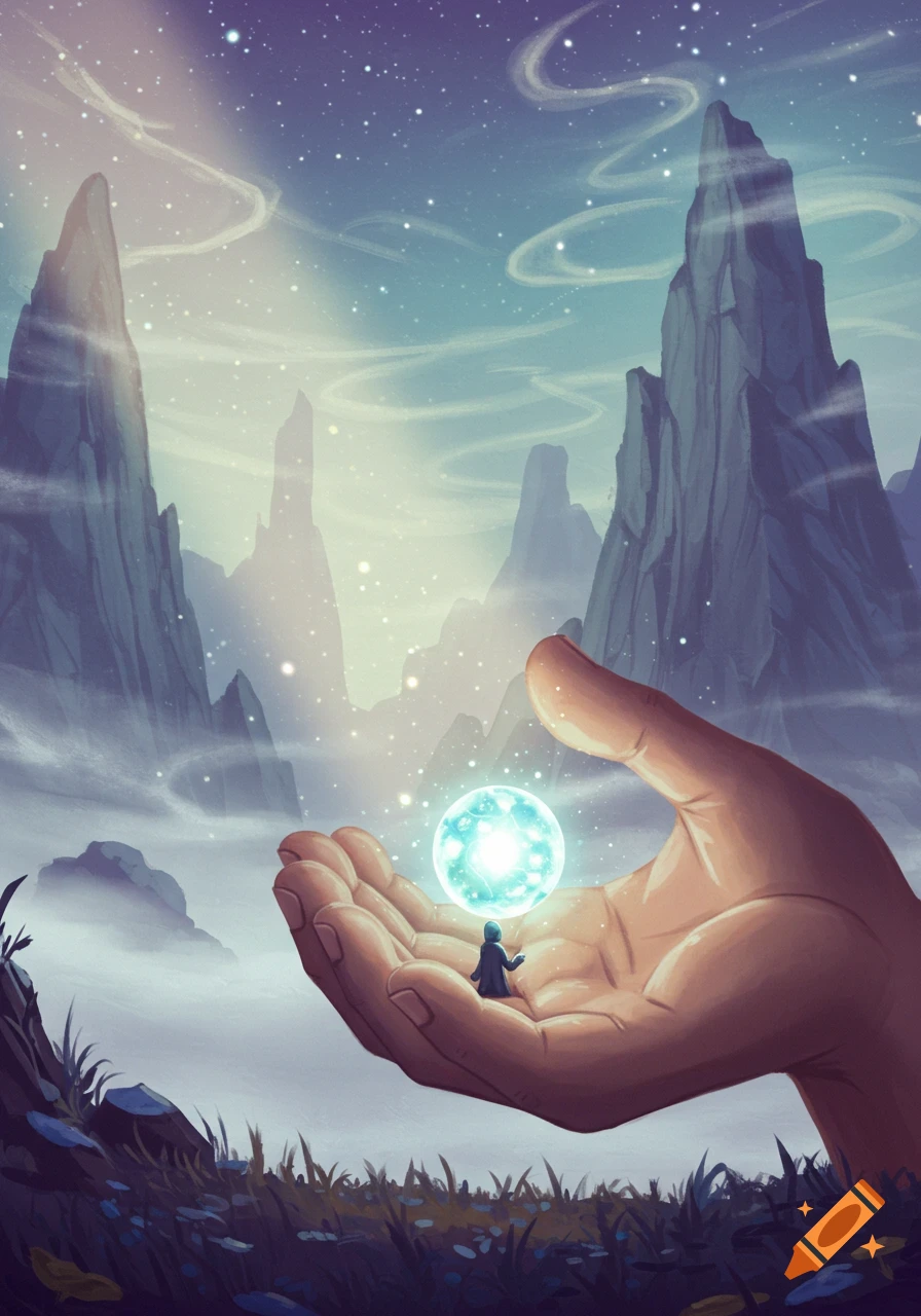 A small figure stands in a giant hand holding a glowing orb, surrounded by majestic mountains and a starry sky, in an illustrative style.