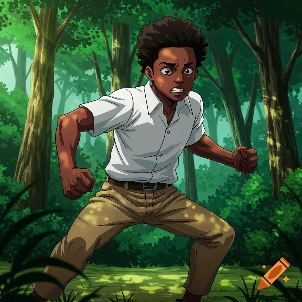 A young Black anime character with a scared, determined expression in a fighting stance in a green forest.