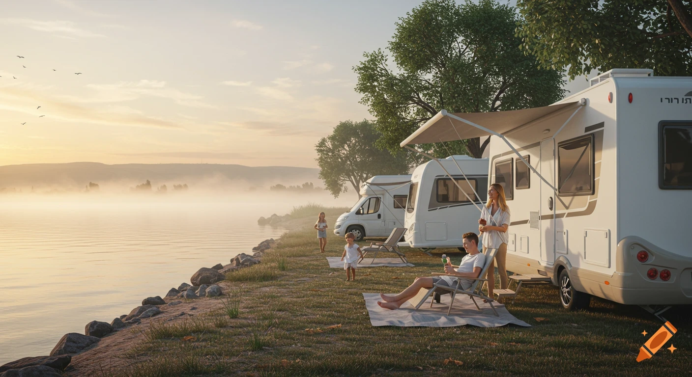 A family relaxes by two campers on a grassy lake shore at misty sunrise.