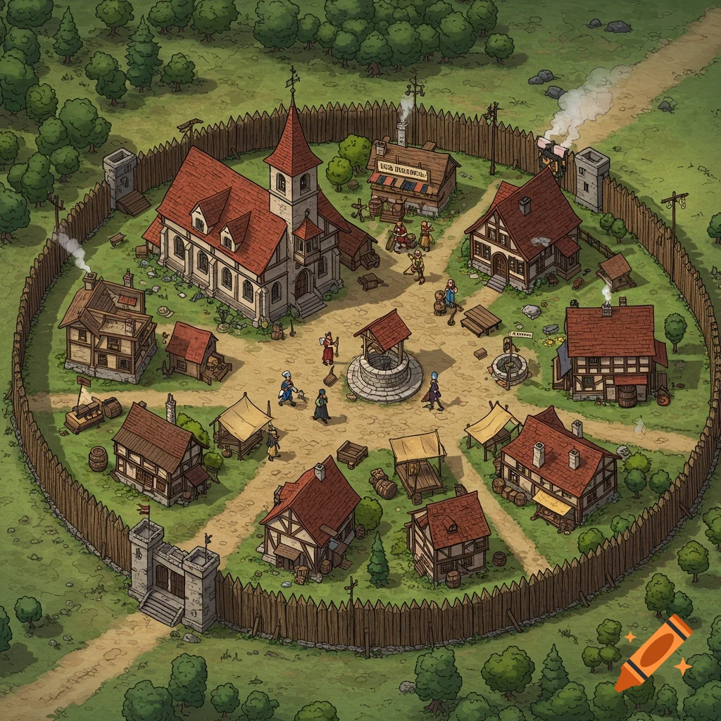 Isometric illustration of a fortified medieval village with a central well, market, church, and various houses, surrounded by a palisade.