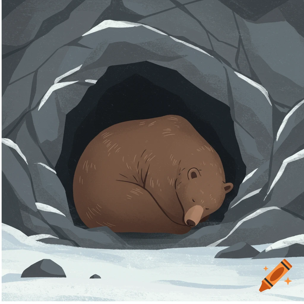 A minimalist illustration of a brown bear curled up and sleeping inside a dark cave, with snow on the ground outside.