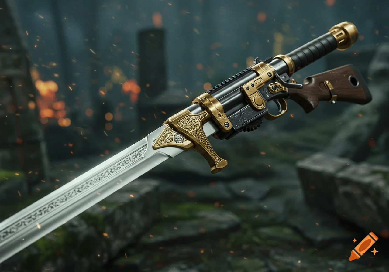 A highly detailed, ornate sword with a rifle mechanism attached, against a dark, ruinous background with glowing embers.
