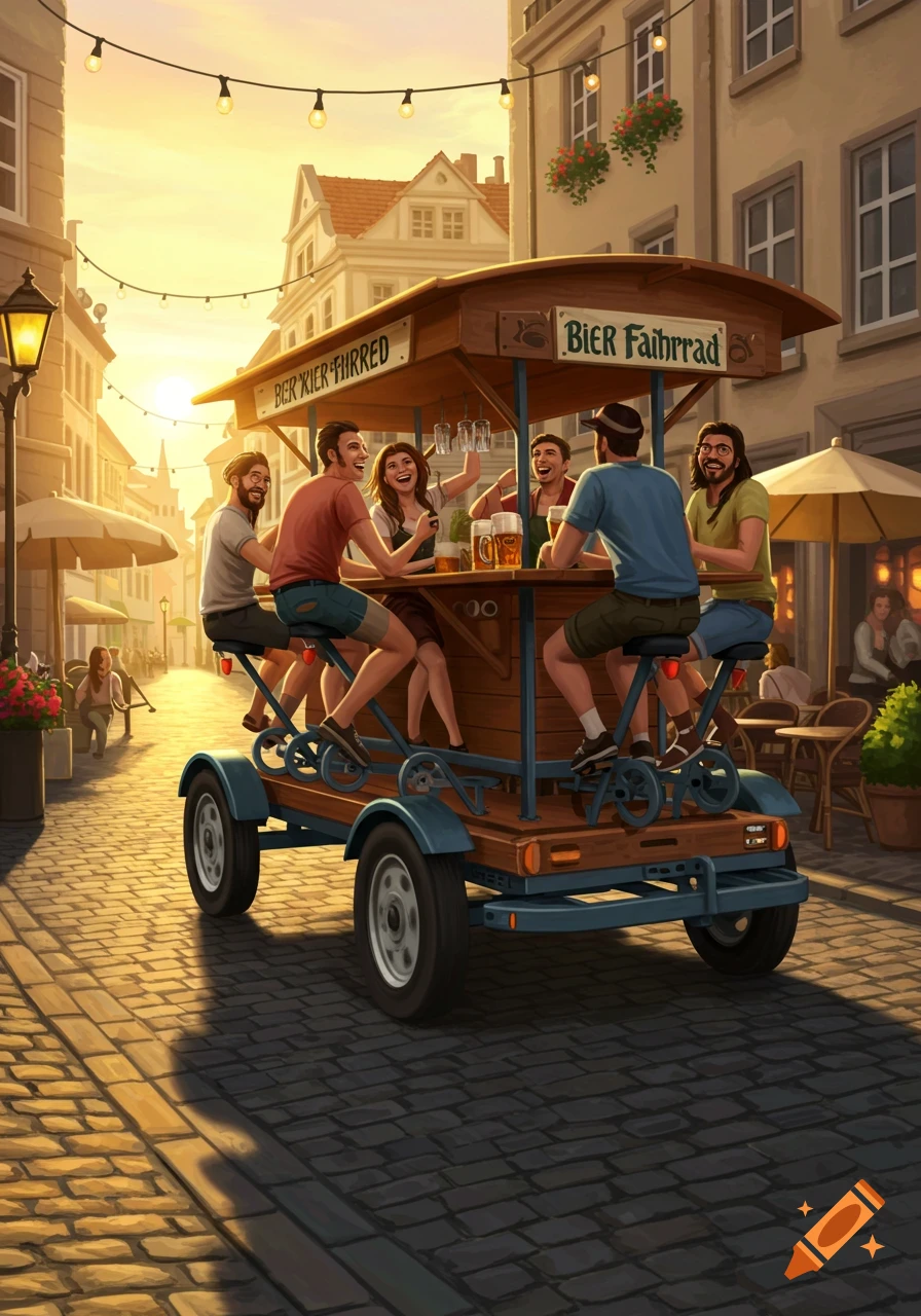 A group of friends laughing and pedaling on a beer bike in a cobblestone street at sunset, with buildings in the background.