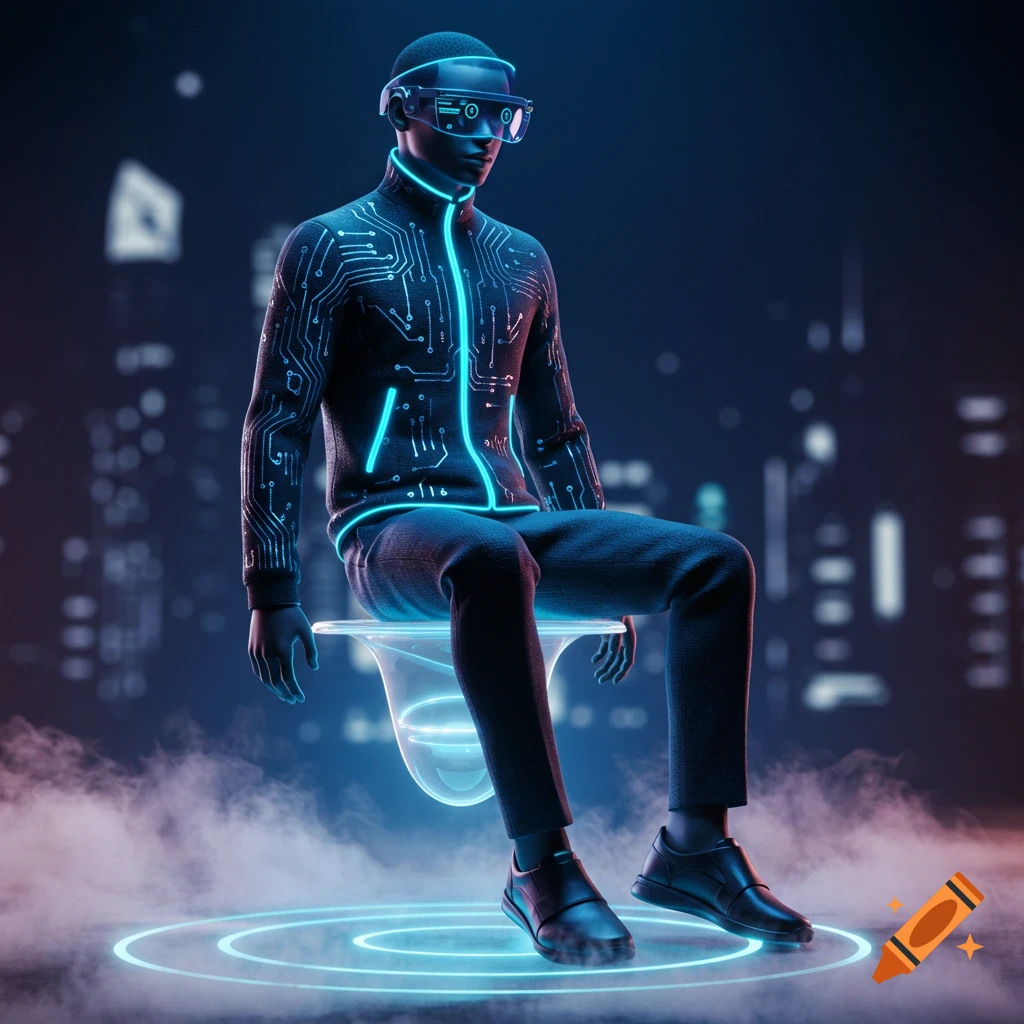 A person in a glowing circuit-patterned futuristic outfit and VR goggles sits in a dark, neon-lit cyberpunk city.