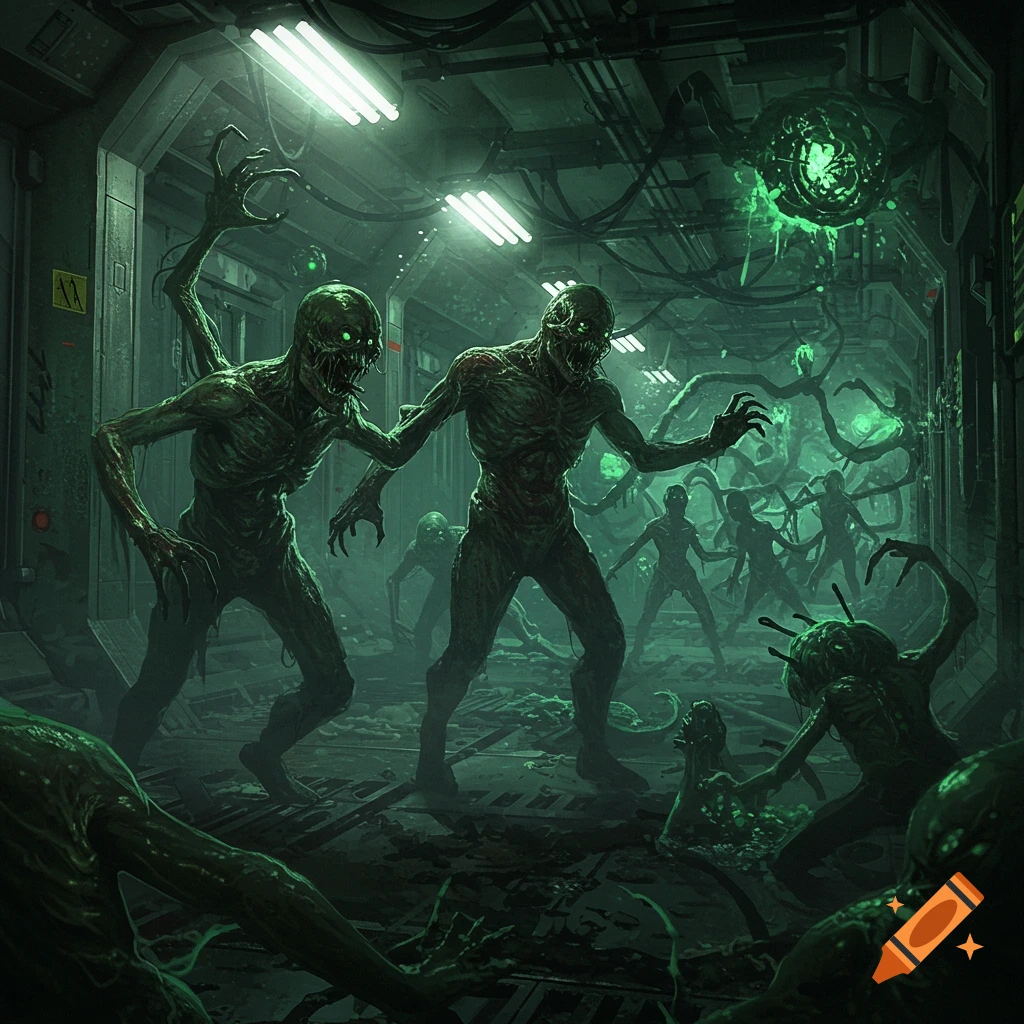 Grotesque, mutated alien creatures with glowing eyes swarm a dark, grimy sci-fi corridor illuminated by fluorescent lights.