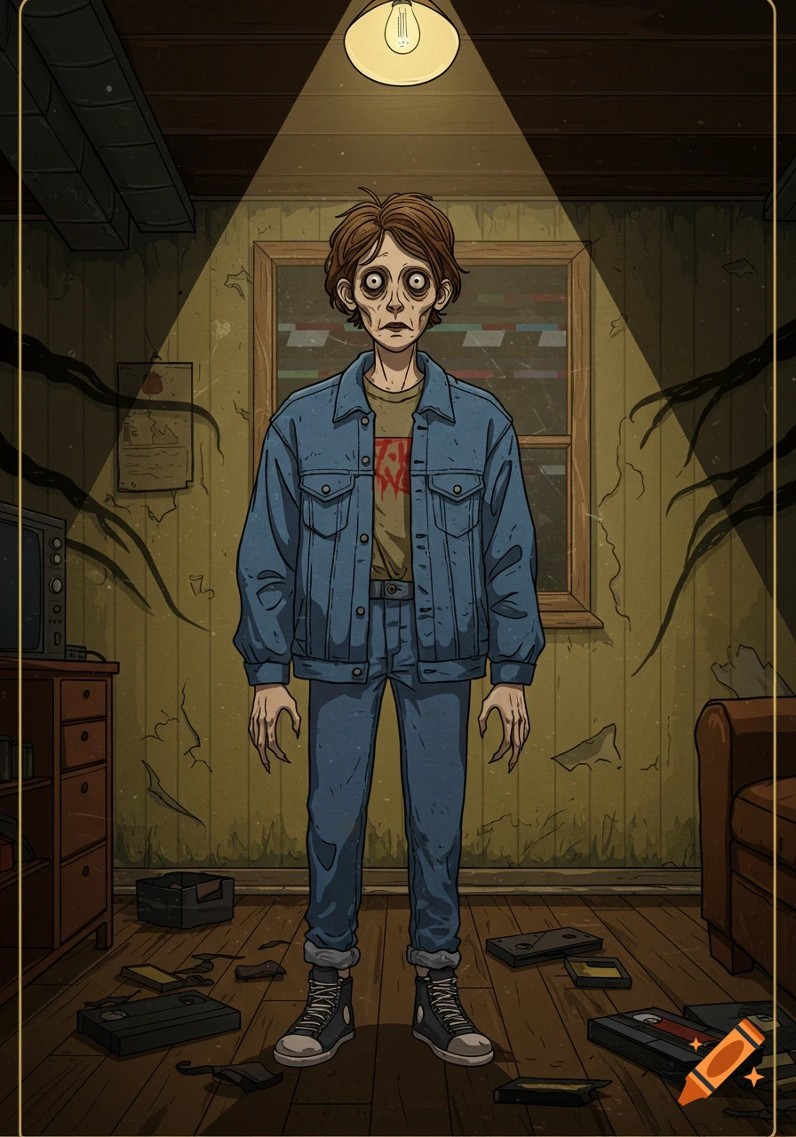 A hand-drawn, gaunt, wide-eyed character in a denim jacket and jeans stands under a single light bulb in a cluttered, decaying room, reminiscent of 1980s analog horror.